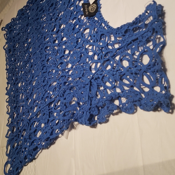 Bobeau NEW Knit Crochet Lace Blouse BLUE Top Topper Cotton Short Sleeve Womens L - Picture 9 of 9